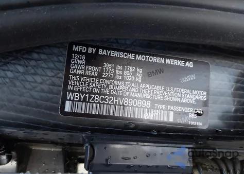 2017 BMW I3 94 Ah W/Range Extender z USA, uszkodzony, nr VIN WBY1Z8C32HV890898